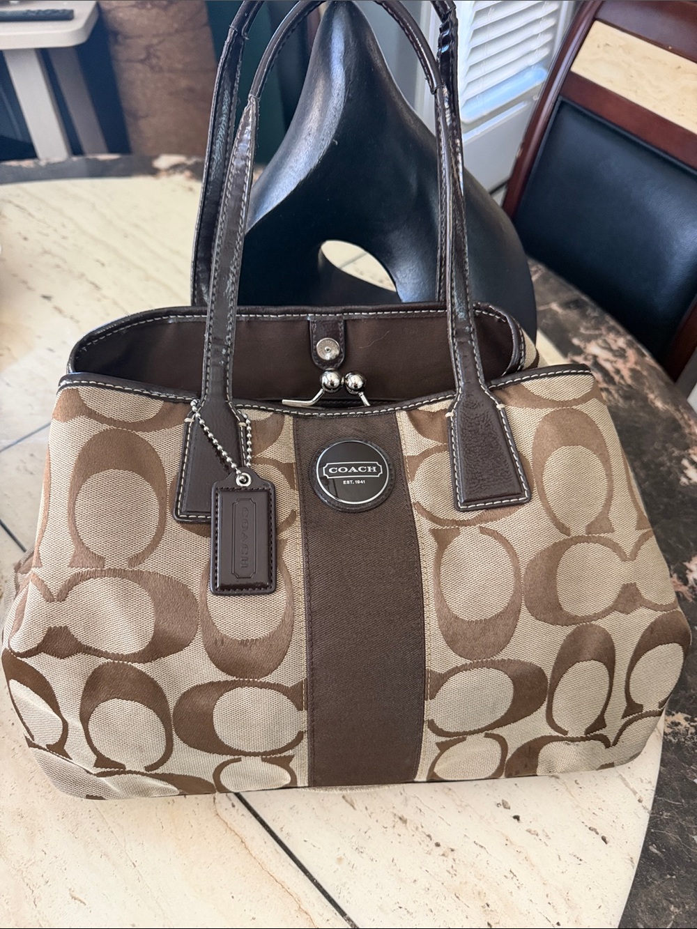 Coach 2011 Khaki and Brown Signature Monogram Jacquard Shoulder Bag Kisslock